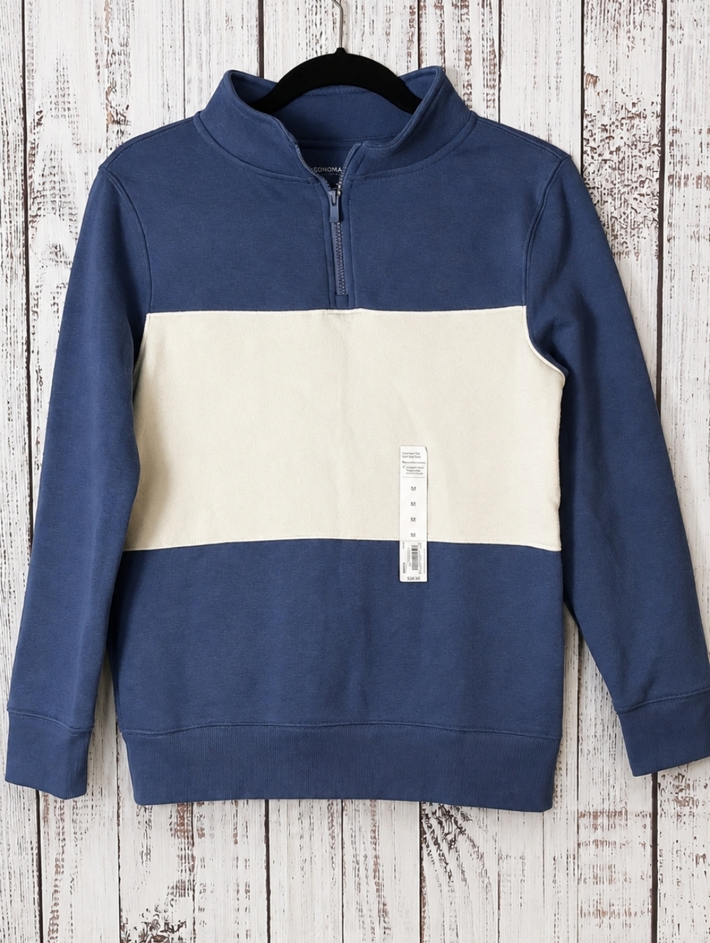 NWT Sonoma Boys Quarter Zip Pullover Blue Cream Colorblock Sweatshirt Medium